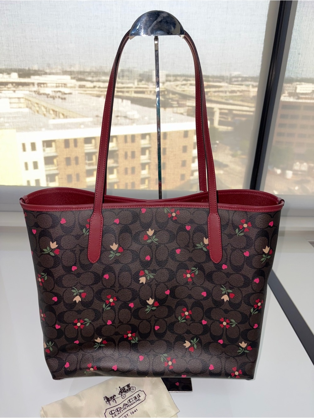 Brown with Hearts and Floral Pattern Tote Bag with Red Trim